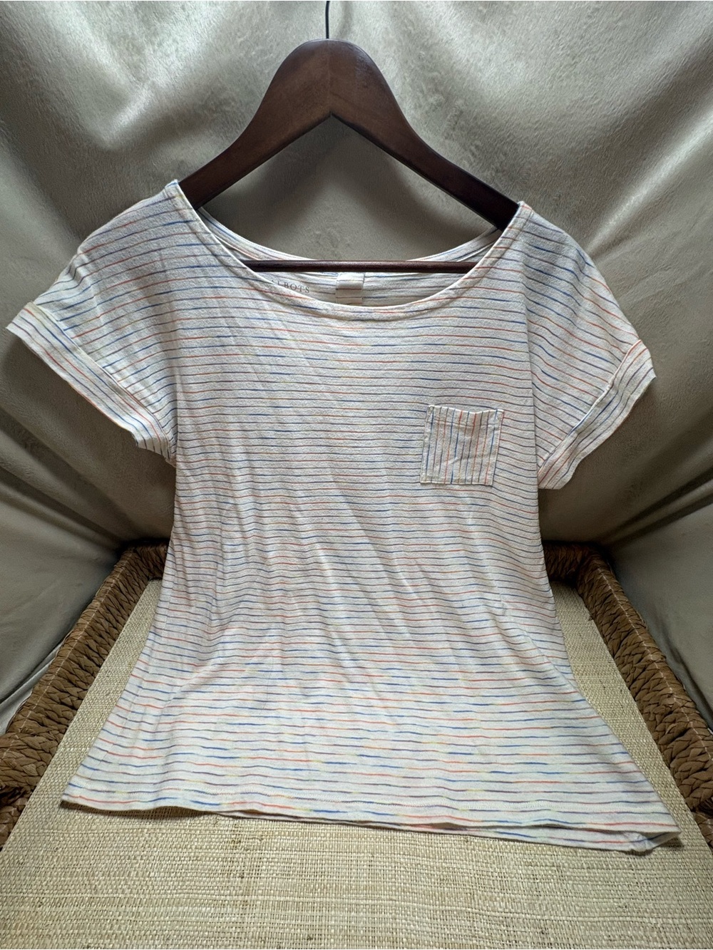Talbots Petite Large Multicolor Stripe Boat Neck Pocket Tee Short Sleeve Top PL